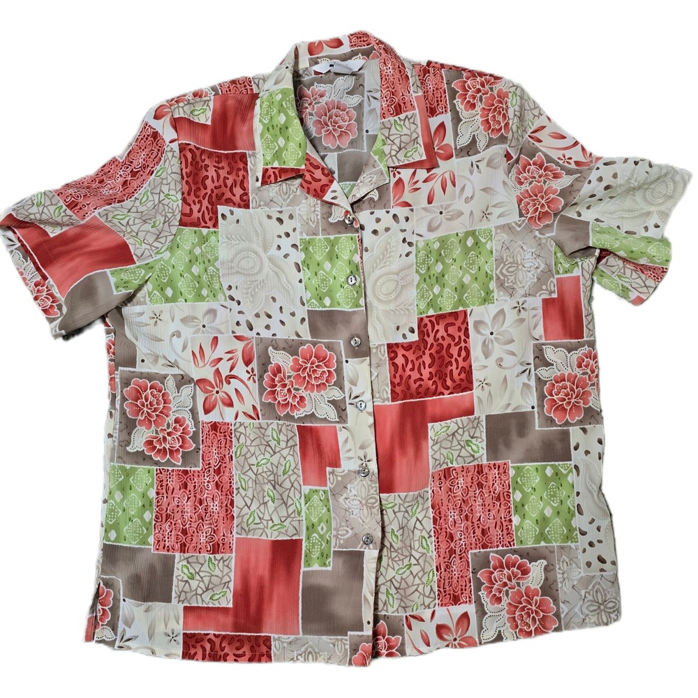ALIA Womens Top Patchwork Floral Short Sleeve Blouse Shirt 16W Plus Size‎ (E)